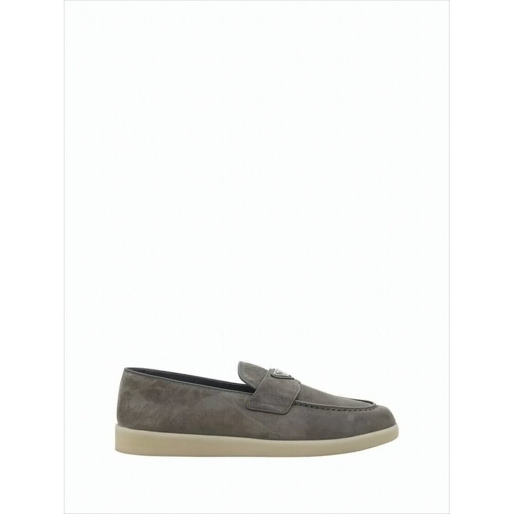PRADA Suede Loafers With Triangular Metal Emblem
